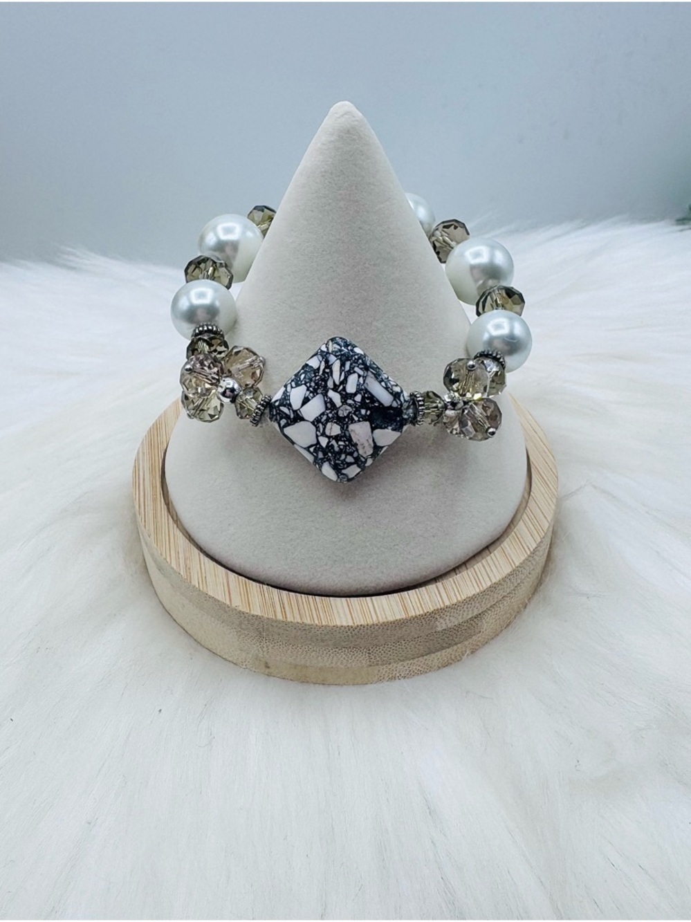Pearl & Smoky Crystal Stretch Bracelet with Marble Stone Centerpiece